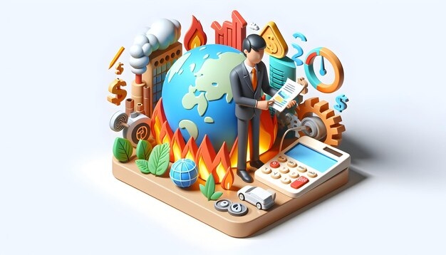 Ilustração 3D de um homem de negócios analisando gráficos em frente a um globo cercado por chamas, indústrias poluentes, dinheiro e engrenagens, simbolizando os impactos econômicos das mudanças climáticas.