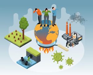 Ilustração de três pessoas sobre um planeta Terra em chamas, cercado por desmatamento, fábricas poluentes, vírus e esgoto tóxico, representando a crise ambiental e seus efeitos globais.