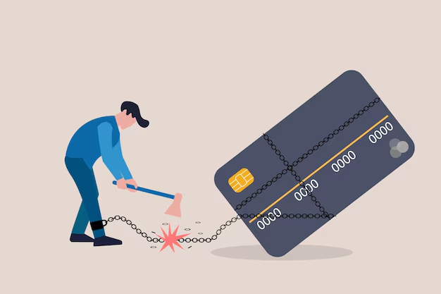 Ilustração de um homem usando um machado para quebrar correntes que o prendem a um cartão de crédito gigante, representando a libertação de dívidas.