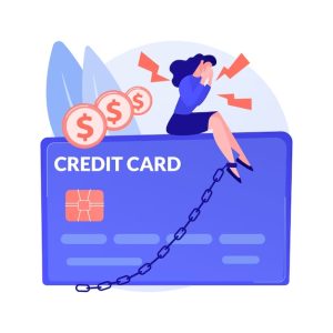 Ilustração de uma mulher sentada sobre um cartão de crédito gigante, presa por correntes, com expressão de preocupação, simbolizando dívidas e juros elevados.