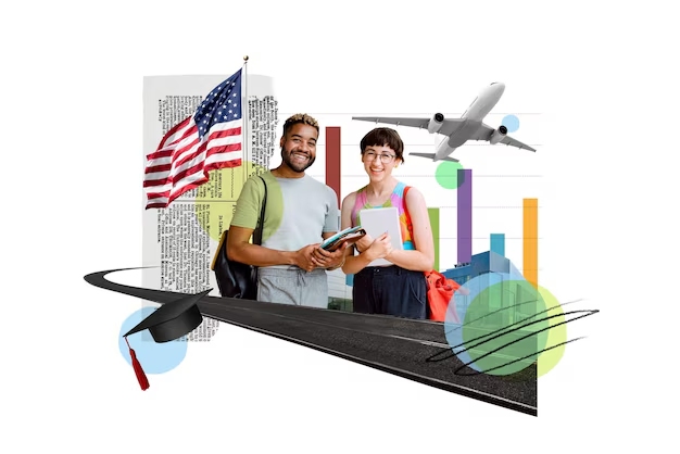 Students standing with notebooks in front of an American flag, airplane, and graduation cap, symbolizing studying abroad in the United States.