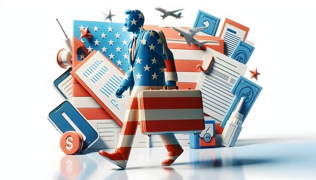 Business traveler covered in the US flag pattern walking with a suitcase, surrounded by airplanes, documents, and money, representing opportunities in the United States.