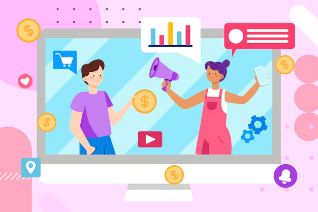 Ilustração de influenciadores digitais ensinando sobre finanças em plataformas de vídeo, com ícones de dinheiro, gráficos e redes sociais em destaque.