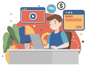 Ilustração de jovem aprendendo sobre educação financeira online através de vídeos e recursos digitais.