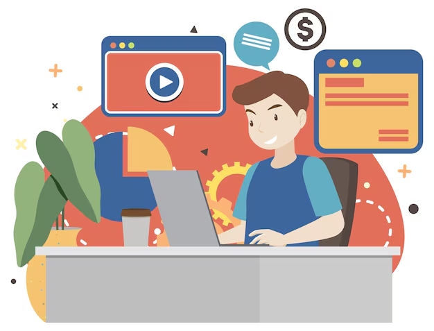 Ilustração de jovem aprendendo sobre educação financeira online através de vídeos e recursos digitais.