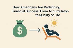 Minimalist illustration with the headline “How Americans Are Redefining Financial Success: From Accumulation to Quality of Life” above a large green money bag with a dollar sign on the left, an arrow pointing to a simplified human figure relaxing on a lounge chair under a stylized sun, symbolizing the shift from wealth accumulation to enjoying quality of life.