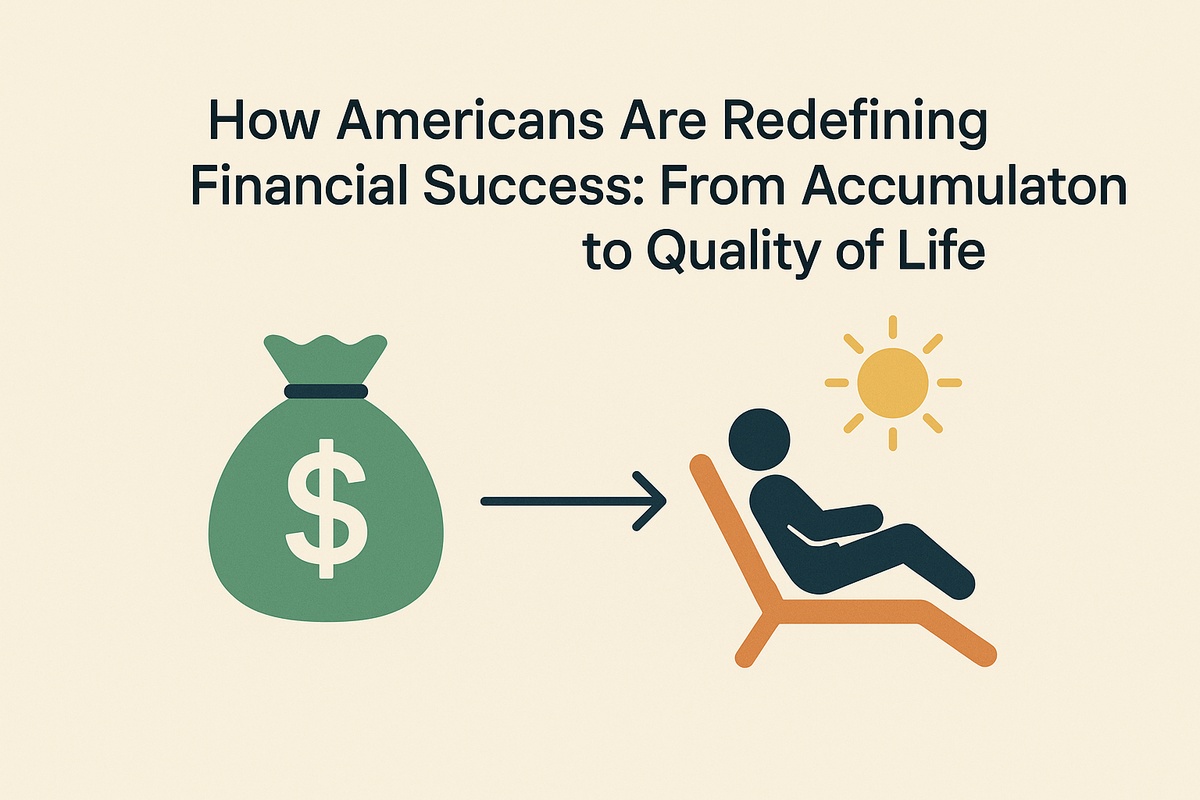 Minimalist illustration with the headline “How Americans Are Redefining Financial Success: From Accumulation to Quality of Life” above a large green money bag with a dollar sign on the left, an arrow pointing to a simplified human figure relaxing on a lounge chair under a stylized sun, symbolizing the shift from wealth accumulation to enjoying quality of life.