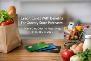 Photo-style image illustrating credit cards with benefits for grocery store purchases in the U.S. in 2025. A paper grocery bag with bread, lettuce, and tomatoes sits on a wooden table beside several credit cards. In the background, a mini shopping cart holds assorted groceries, and a carton of eggs, a bottle of milk, and fresh produce appear in the foreground. Overlaid text reads: “Credit Cards With Benefits For Grocery Store Purchases: Which Ones Offer The Most Savings In The U.S. In 2025.”