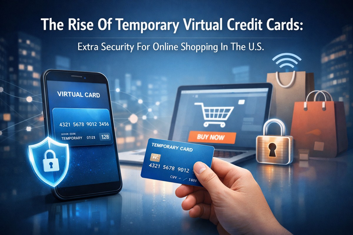 Illustration representing the rise of temporary virtual credit cards for extra security in online shopping in the U.S. A hand holds a blue temporary credit card in front of a laptop displaying a “Buy Now” button, while a smartphone shows a virtual card interface with a security shield icon. Shopping bags, a digital lock, and wireless payment symbols emphasize online transactions, cybersecurity, and fraud protection in a modern e-commerce environment.