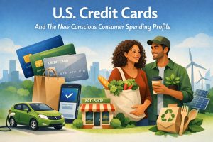 Illustration depicting U.S. credit cards and the new conscious consumer spending profile. A smiling couple is shown carrying reusable shopping bags filled with fresh groceries, standing near an eco-friendly shop. Around them are credit cards, a smartphone with a digital payment confirmation, a green electric car, recycling symbols, wooden cutlery, and renewable energy elements such as solar panels and wind turbines. The scene represents sustainable consumption, environmentally conscious spending habits, and the use of credit cards aligned with eco-friendly lifestyles in the United States.