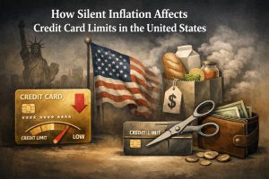 An illustrated scene about how silent inflation affects credit card limits in the United States, with the headline “How Silent Inflation Affects Credit Card Limits in the United States” at the top. In the foreground, a gold credit card shows a downward arrow and a gauge pointing toward “low,” suggesting reduced available credit. Nearby, a dark “credit limit” card is being cut by large scissors, symbolizing shrinking purchasing power. A grocery bag filled with staples like bread, milk, and produce sits beside a price tag with a dollar sign, while a wallet with cash and scattered coins highlights everyday spending pressure. In the background, a U.S. flag waves with the Statue of Liberty and a city skyline under a smoky, muted sky, reinforcing a nationwide economic squeeze. No identifiable real people are present (illustration only).