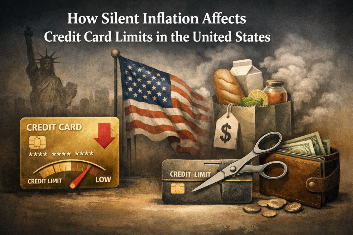 An illustrated scene about how silent inflation affects credit card limits in the United States, with the headline “How Silent Inflation Affects Credit Card Limits in the United States” at the top. In the foreground, a gold credit card shows a downward arrow and a gauge pointing toward “low,” suggesting reduced available credit. Nearby, a dark “credit limit” card is being cut by large scissors, symbolizing shrinking purchasing power. A grocery bag filled with staples like bread, milk, and produce sits beside a price tag with a dollar sign, while a wallet with cash and scattered coins highlights everyday spending pressure. In the background, a U.S. flag waves with the Statue of Liberty and a city skyline under a smoky, muted sky, reinforcing a nationwide economic squeeze. No identifiable real people are present (illustration only).