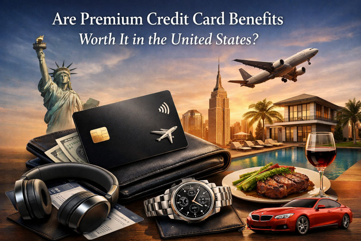 A luxury-themed illustration asking “Are Premium Credit Card Benefits Worth It in the United States?” The scene features a black premium credit card resting on a leather wallet with U.S. dollar bills, alongside travel and lifestyle symbols such as a commercial airplane taking off, the Statue of Liberty, the New York City skyline, a modern villa with a swimming pool, a plated steak dinner with a glass of red wine, a luxury wristwatch, noise-canceling headphones, and a red sports car. The composition highlights travel perks, exclusive experiences, and high-end consumption associated with premium credit cards in the U.S. No identifiable real people are present (illustration only).