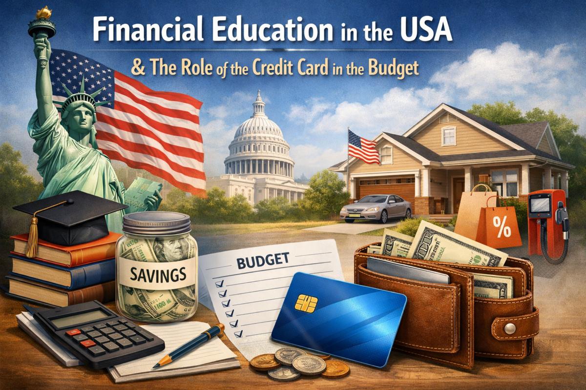Illustration representing financial education in the USA and the role of the credit card in personal budgeting. The scene features iconic American elements such as the Statue of Liberty, the US Capitol building, and the American flag in the background. In the foreground, financial planning tools are displayed, including a budget checklist, a calculator, savings jar filled with dollar bills, coins, and a credit card placed next to a wallet. Additional symbols like shopping bags with a percentage sign, a suburban house with a car, and educational items such as books and a graduation cap reinforce themes of responsible credit use, household budgeting, consumer behavior, and financial literacy in the United States. The title “Financial Education in the USA & The Role of the Credit Card in the Budget” highlights the educational and economic focus of the image.