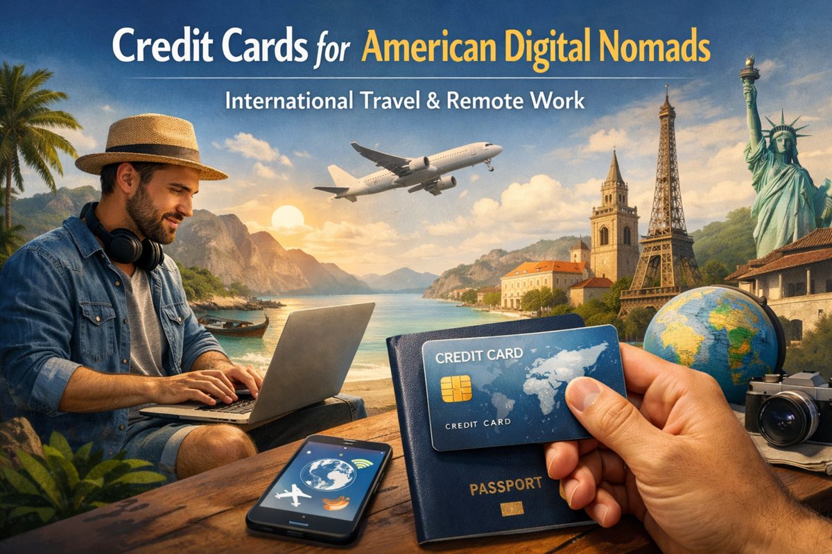 Conceptual illustration of credit cards for American digital nomads focused on international travel and remote work. The image shows a man working on a laptop outdoors near a coastal landscape, wearing casual travel clothing and headphones, representing a remote worker. In the foreground, a hand holds a credit card and a passport on a wooden table alongside a smartphone displaying travel and connectivity icons. In the background, global landmarks such as the Eiffel Tower and the Statue of Liberty appear, along with an airplane flying overhead, symbolizing international mobility. The headline reads: “Credit Cards for American Digital Nomads — International Travel & Remote Work.” The scene represents financial tools supporting location-independent work and global travel.