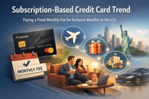 Conceptual illustration of the subscription-based credit card trend in the United States. The image features a premium credit card next to a calendar marked “Monthly Fee,” symbolizing a fixed subscription payment. In the center, a well-dressed couple relaxes on a sofa with drinks and a laptop, representing a premium lifestyle supported by exclusive card benefits. Surrounding icons highlight perks such as air travel, luxury gifts, hotel stays, and upscale experiences. In the background, U.S. landmarks including the Statue of Liberty and a city skyline reinforce the American market context, while a luxury car appears on the right, symbolizing status and convenience. The headline reads: “Subscription-Based Credit Card Trend — Paying a Fixed Monthly Fee for Exclusive Benefits in the U.S.”