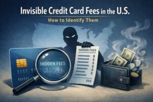 Conceptual illustration about invisible credit card fees in the United States. The image shows a credit card partially covered by a magnifying glass highlighting the words “Hidden Fees,” symbolizing the investigation of undisclosed charges. In the background, a shadowy human silhouette holds a document labeled “Hidden Fees” with dollar signs, representing unclear or deceptive cost structures. To the right, an open wallet releases U.S. dollar bills and coins as smoke rises, suggesting money quietly disappearing due to unnoticed charges. A faint map of the United States appears behind the scene. The headline reads: “Invisible Credit Card Fees in the U.S. — How to Identify Them.” The image conveys awareness, scrutiny, and consumer protection.