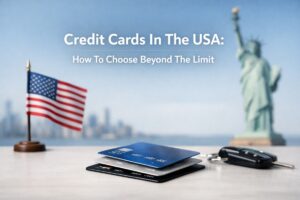 Modern composition featuring credit cards stacked on a table with a small American flag and a car key, set against a blurred background of the Statue of Liberty and New York City skyline, illustrating credit card usage and financial decisions in the United States.