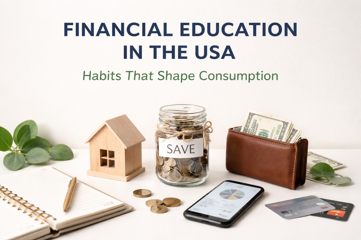 Financial education concept in the USA featuring a savings jar filled with coins labeled “save,” a wooden house model, a wallet with US dollar bills, credit cards, a smartphone displaying financial charts, and a notebook on a desk, representing money management, budgeting habits, and personal finance planning.