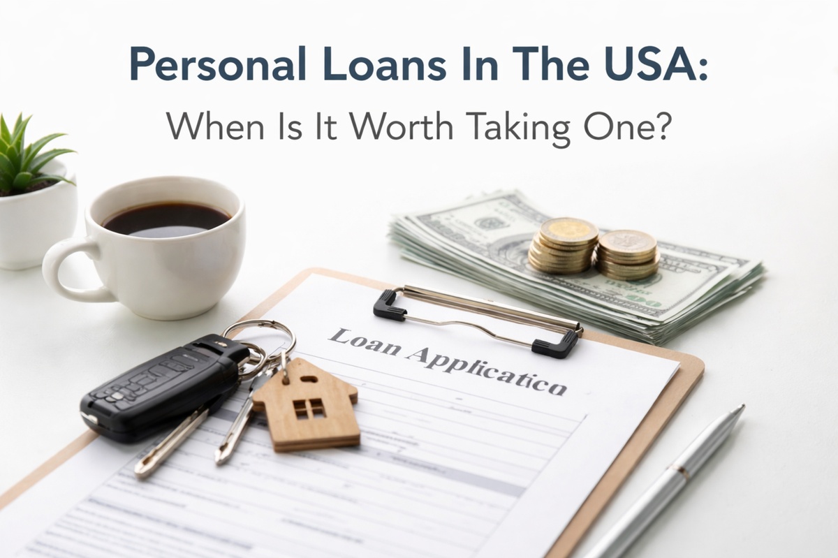 personal loans in the USA concept image with loan application form, house keys, cash money and coffee on desk representing when it is worth taking a personal loan