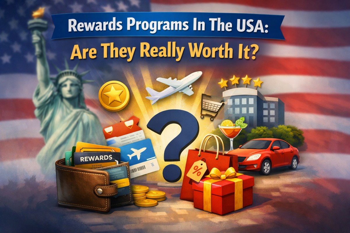 rewards programs in the USA illustration with credit cards, shopping bags, airplane, cashback icons and american flag background showing benefits and value of reward programs