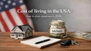 Cost of living in the USA concept with American flag, savings jar filled with dollars, house model, notebook and keys on a table, representing expense planning and personal finance management in 2026