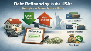 Debt refinancing in the USA concept with mortgage house model, approved refinance document, dollar bills and icons for consolidation, balance transfer and new loan strategies to reduce interest rates