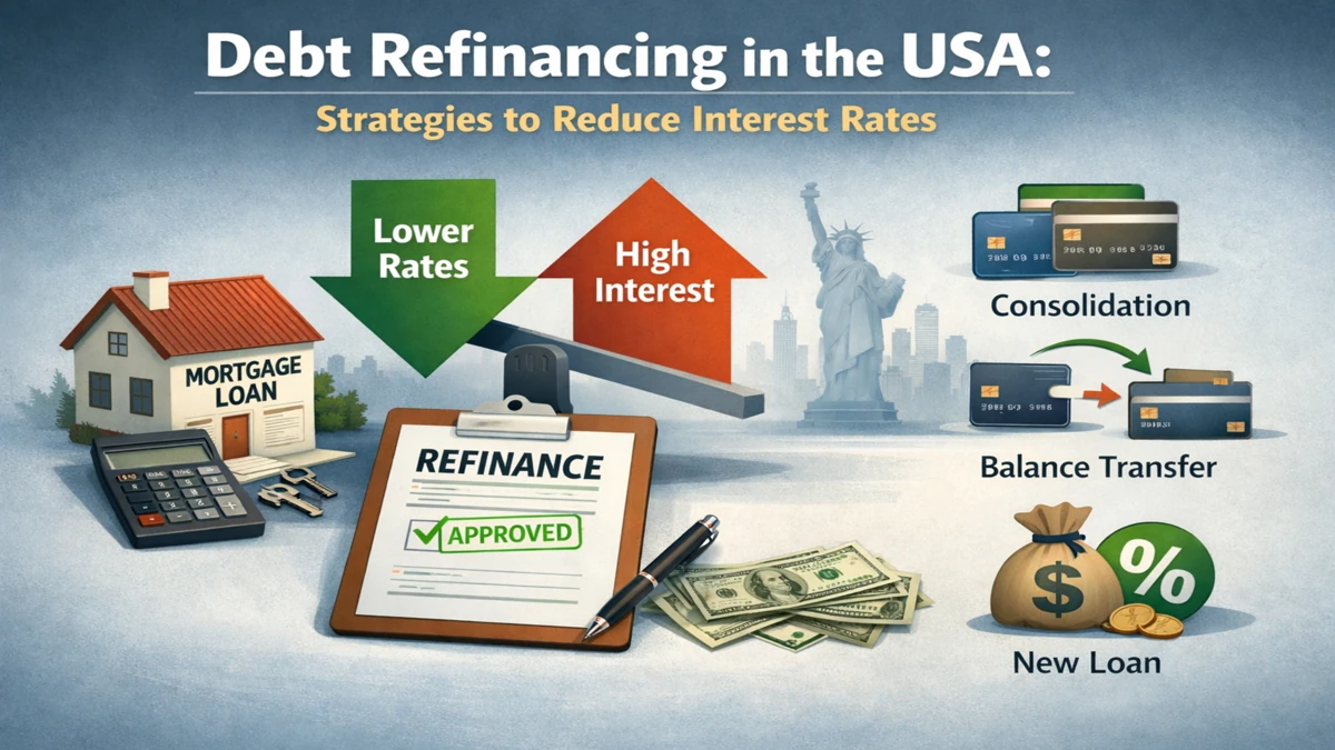 Debt refinancing in the USA concept with mortgage house model, approved refinance document, dollar bills and icons for consolidation, balance transfer and new loan strategies to reduce interest rates