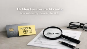 Close-up of hidden credit card fees concept in the United States, showing credit card, sticky note with 'hidden fees', magnifying glass over financial document, pen and eyeglasses on des