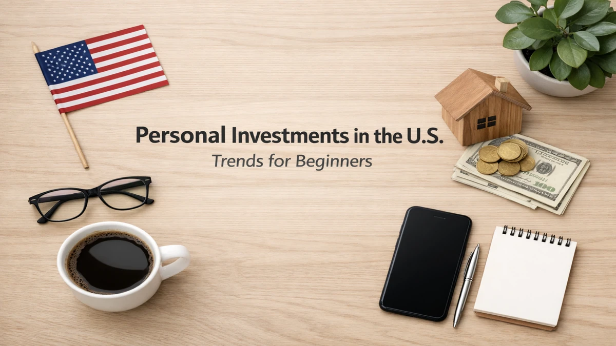 Flat lay of personal investments in the United States for beginners, featuring US flag, coffee cup, eyeglasses, smartphone, notebook, house model, cash and coins on a wooden desk background