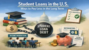 Illustration of student loans in the United States with strategies to pay less over time, featuring graduation cap, chained debt ball, loan forgiveness checklist, refinancing documents, piggy bank, and income-driven repayment plan