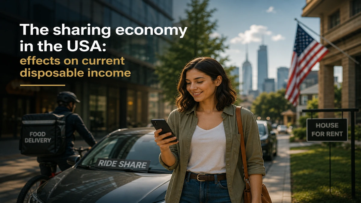 Premium editorial-style image illustrating the sharing economy in the USA, featuring a woman using a smartphone near a ride-share vehicle, food delivery service, and rental housing signs in a modern urban American setting.