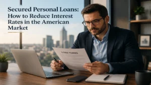 Professional businessman reviewing secured personal loan documents in a modern office with a city skyline, illustrating strategies to reduce interest rates in the American lending market.