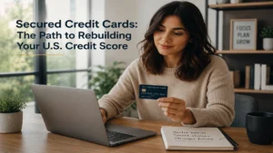 Young woman using a secured credit card at a modern home office desk while rebuilding her U.S. credit score through responsible financial habits and digital banking tools.