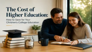 Premium editorial image illustrating the cost of higher education and college savings planning for children, featuring a parent and teenage student studying together at a modern table with books, graduation cap and college fund savings jar, natural light, cinematic composition, financial planning concept, university education preparation, family budgeting and future academic success.